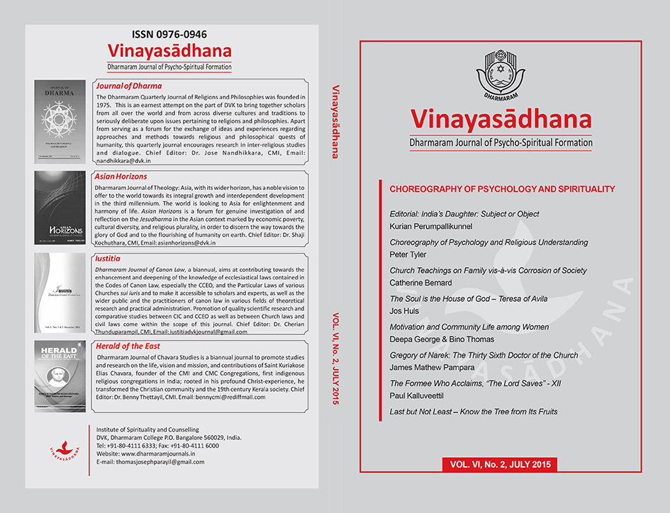 					View Vol. 6 No. 2 (2015): Vinayasādhana: Dharmaram Journal of Psycho-Spiritual Formation
				