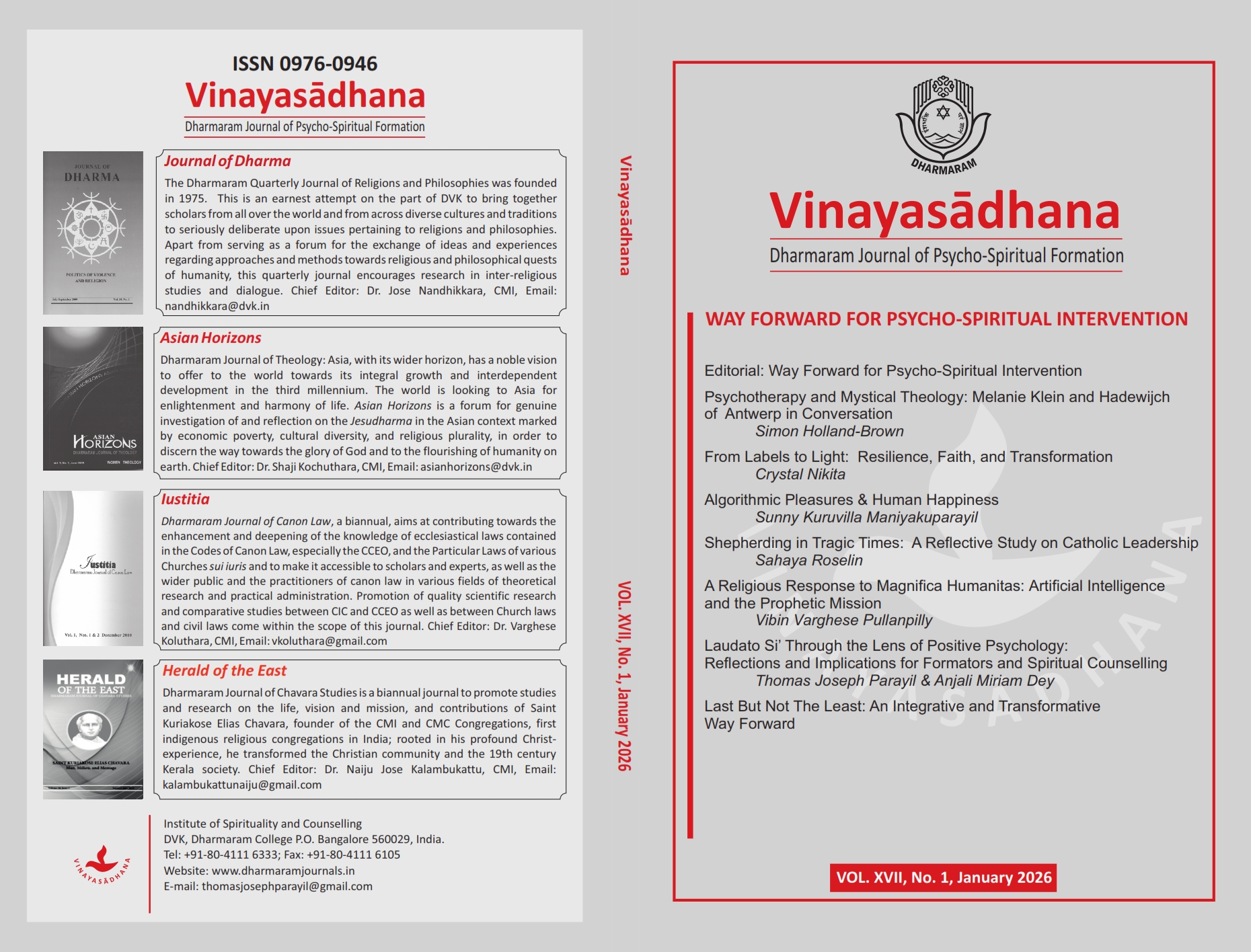 					View Vol. 17 No. 1 (2026): Vinayasadhana: Dharmaram Journal of Psycho-Spiritual Formation
				